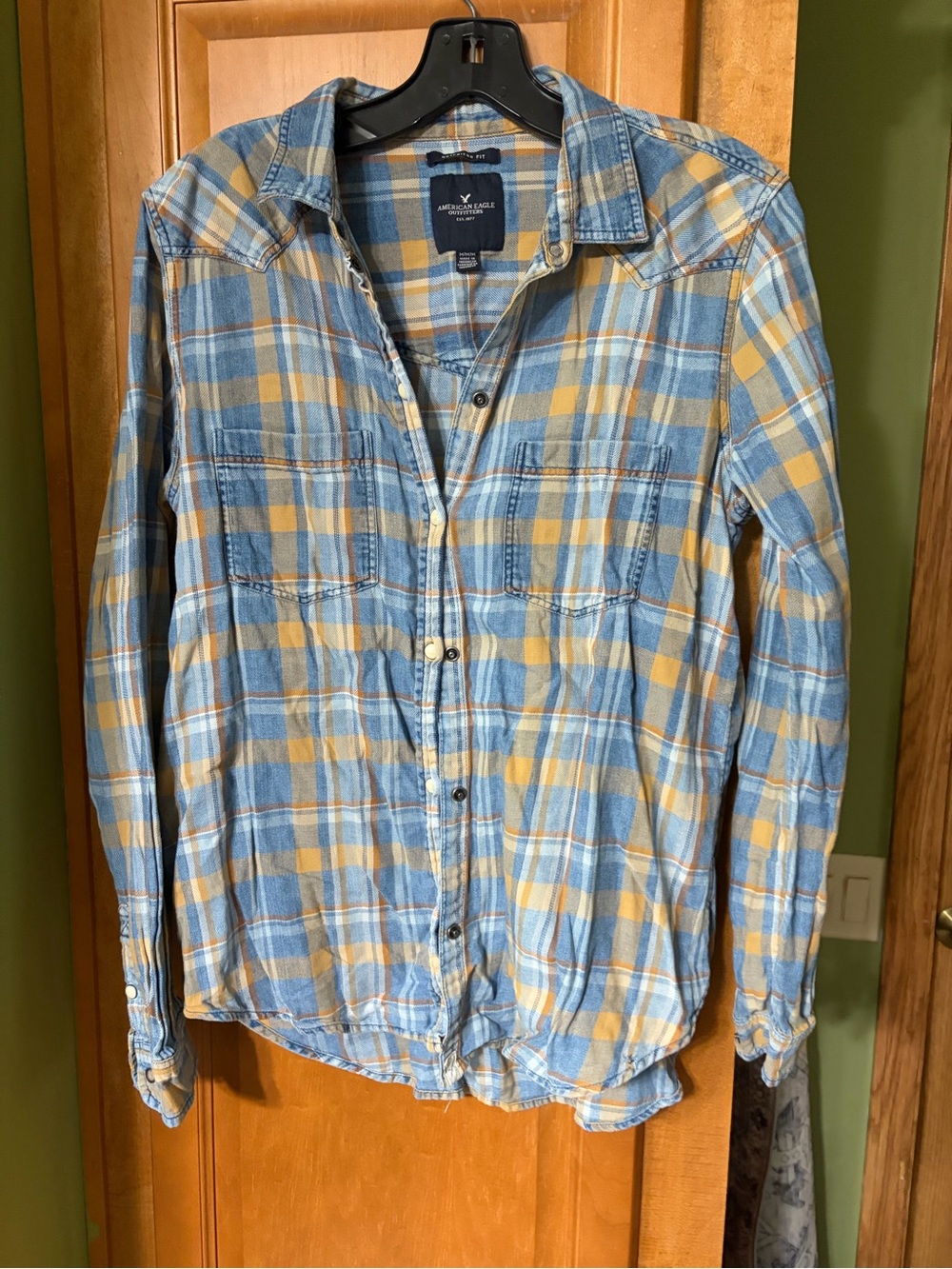 American Eagle Outfitters Blue and Mustard Plaid Boyfriend Shirt
